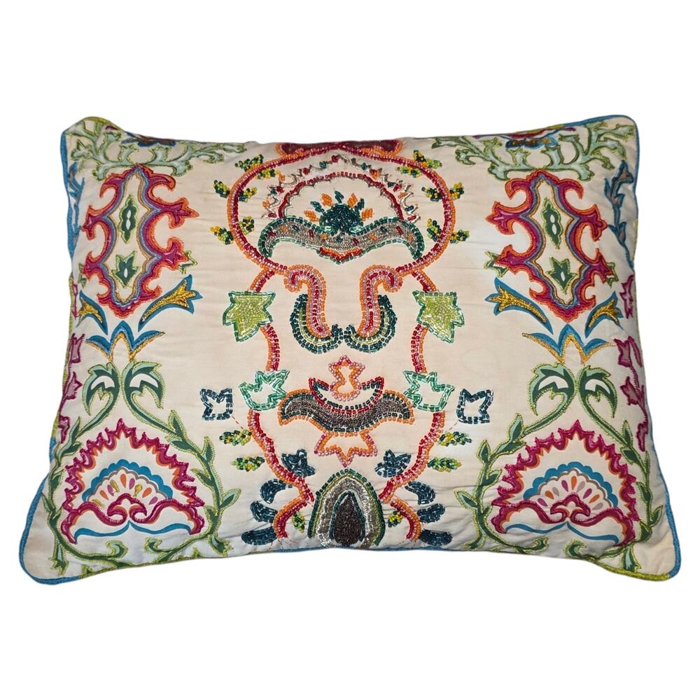 Pier 1 Beaded Embroidered Throw Pillow 14x18 Boho Colorful Accent Decor